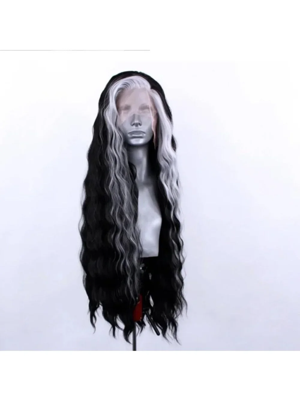 Long Curly Black & White Lace Front Wig - Heat Resistant, Natural Hairline, 24
